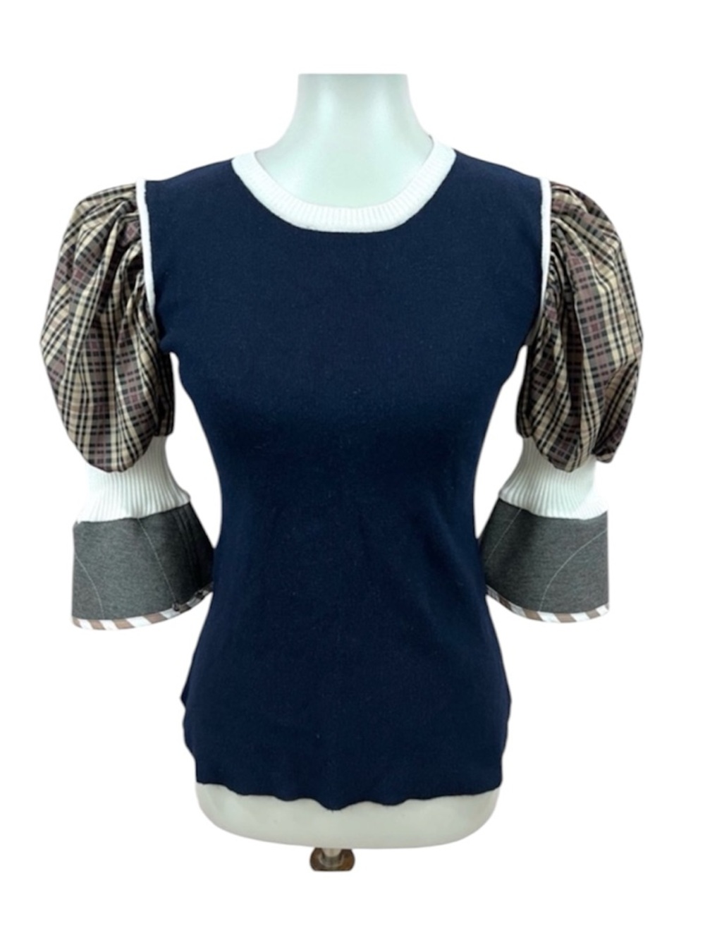 Modcloth Madras Plaid Colorblock Puff Sleeve Sweater